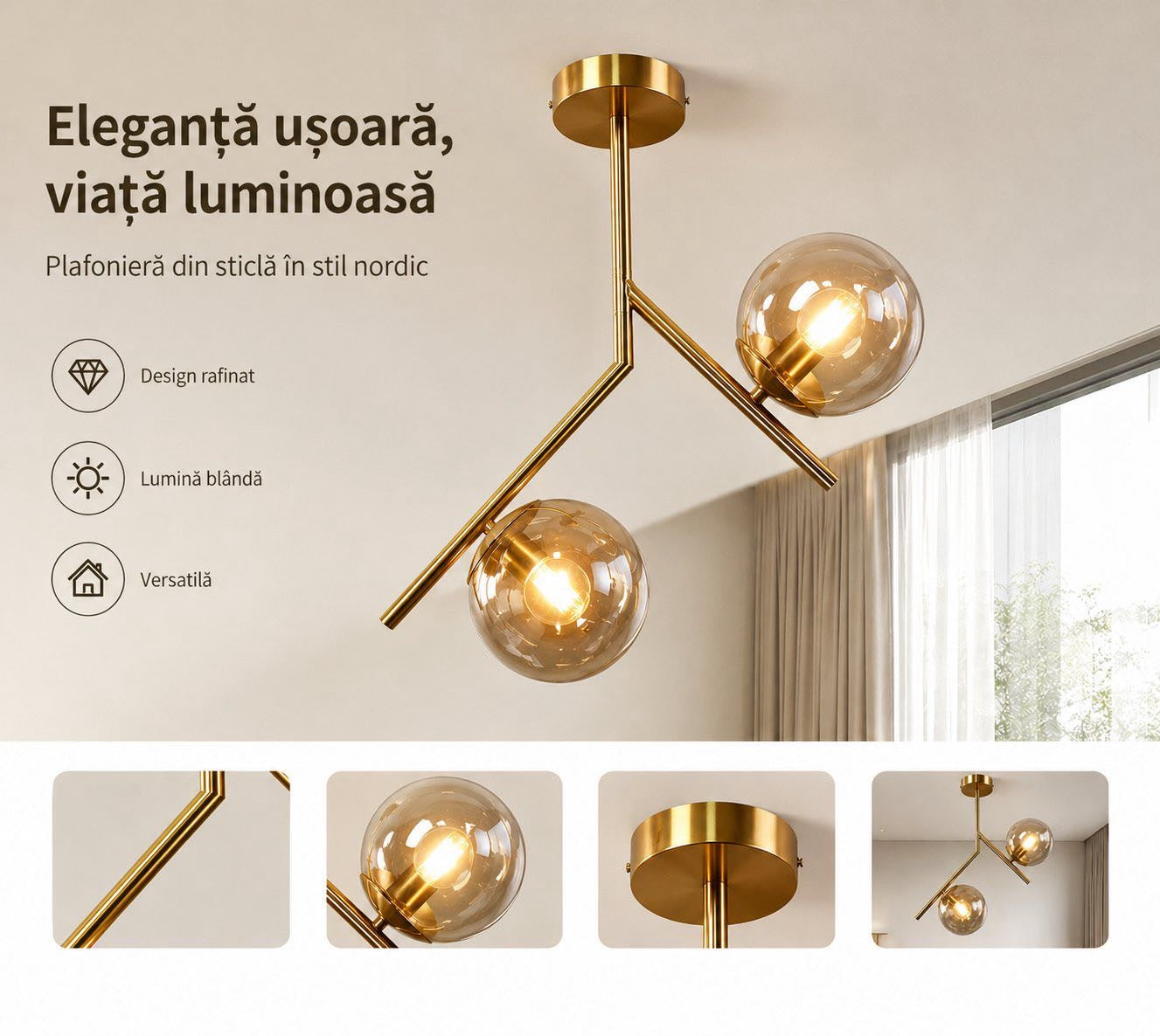 Plafoniera cu 2 globuri din sticla amber si structura metalica aurie, stil nordic, montaj tavan, soclu E27