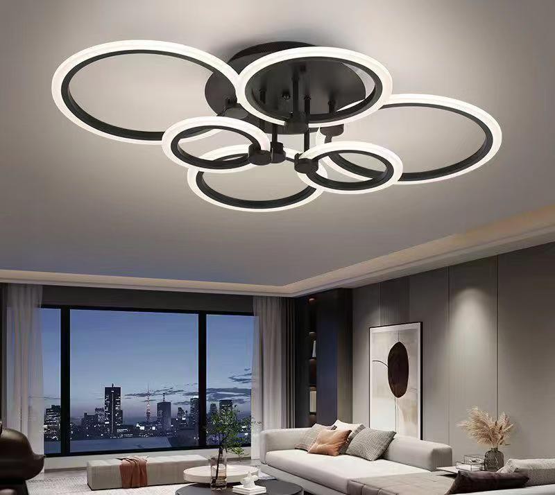 Lustra LED 6 inele negru, 160W, 4000lm, lumina reglabila 3000K-6500K, montaj plafon, living modern