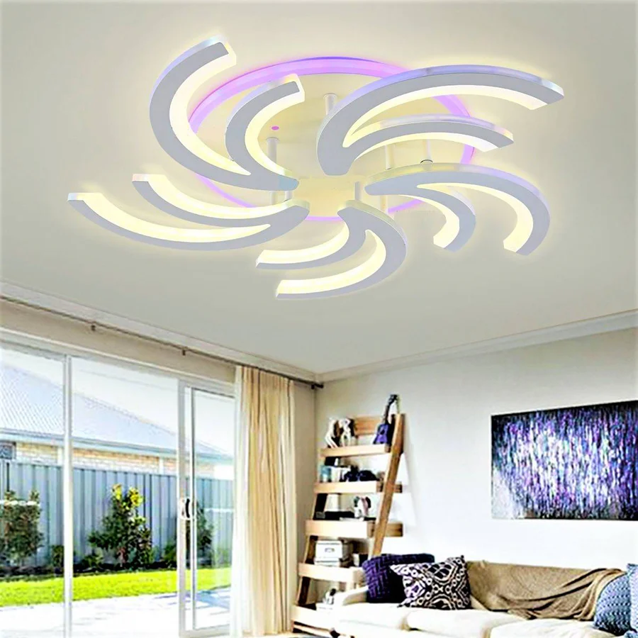 Lustra LED RGB 134W cu telecomanda WiFi, brate spiralate acril, lumina calda/neutra/rece, montaj tavan living