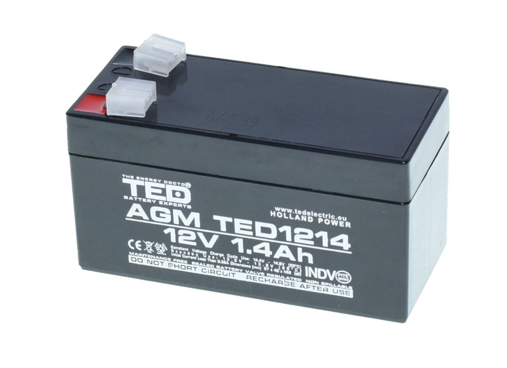 Acumulator plumb-acid 12V 1.4Ah cu protectii terminali, vedere laterala dreapta
