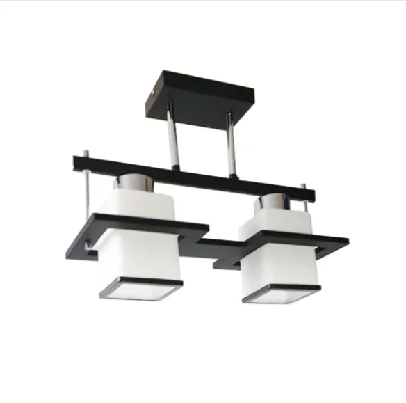 Lustra suspendata cu 2 brate, structura lemn wenge si abajururi patrate sticla alba mata, E27 max 60W, 400x320mm