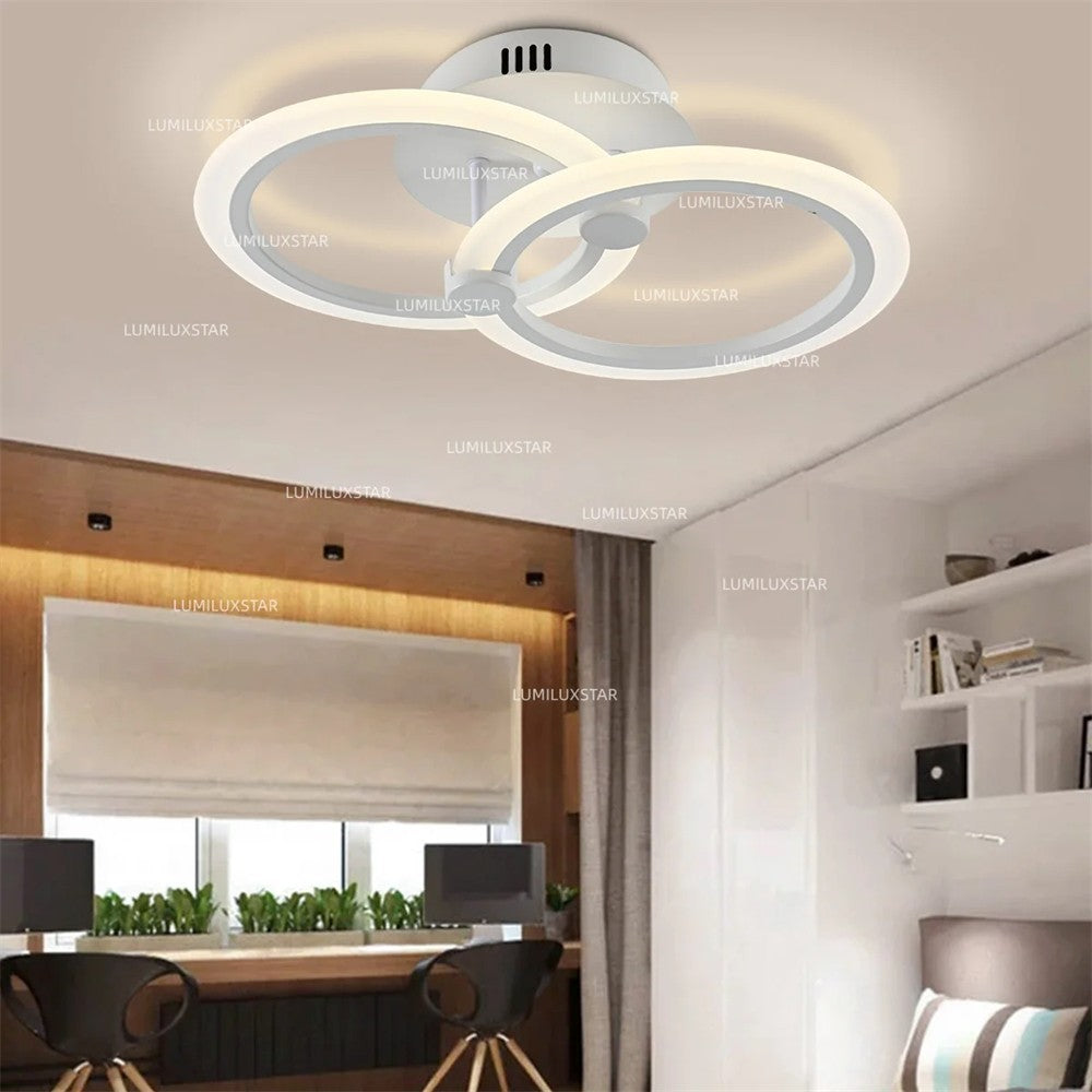 Lustra LED tavan 2 inele acril 35W 1200lm lumina reglabila 3000K-6500K telecomanda WiFi, montata in living modern