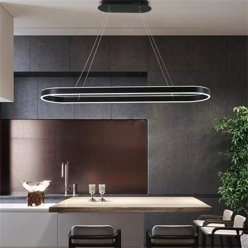 Lustra LED ovala neagra suspendata 120W 6000lm, lumina reglabila calda/neutra/rece, deasupra insulei de bucatarie