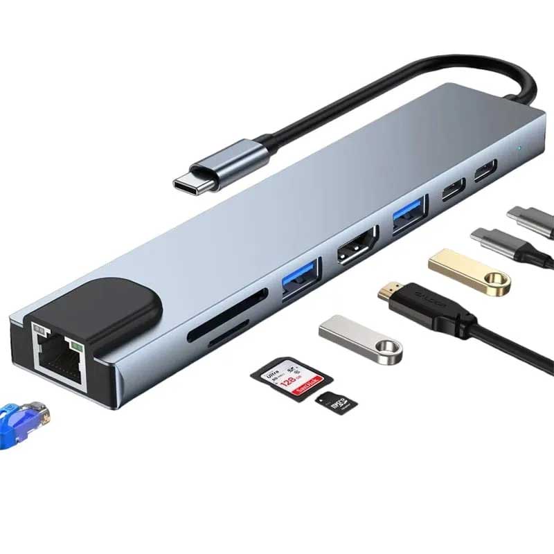 8-in-1 Multiport Adapter Hub, ElectroAZ, USB-C to HDMI 4K / RJ45 Ethernet LAN / Type C Port / USB 3.0 / 87W Power Delivery Port / TF and SD Card Reader