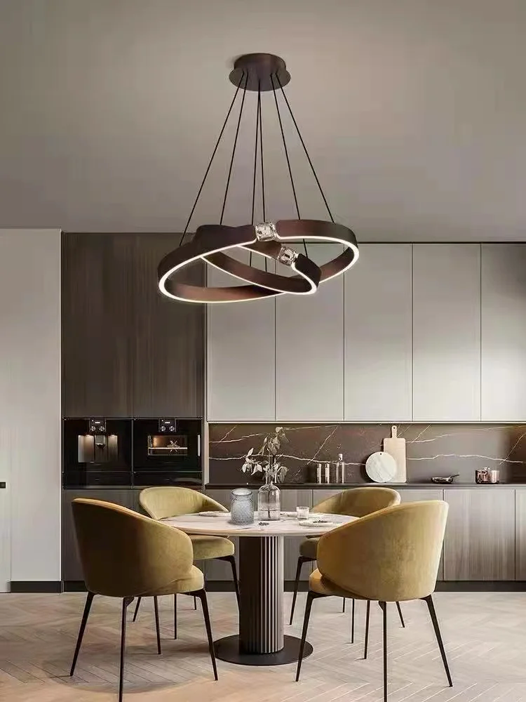 Lustra LED suspendata inel dublu 70W 3000 lm, 3 temperaturi culoare, finisaj maro-bronz, montaj tavan living