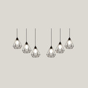 Lustra suspendata cu bara din lemn si 6 abajururi colivie metalica neagra, soclu E27, max 60W, design industrial-vintage