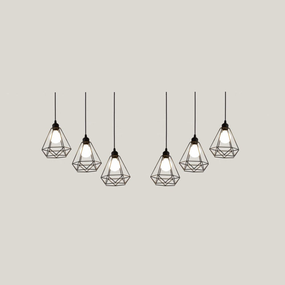 Lustra suspendata cu bara din lemn si 6 abajururi colivie metalica neagra, soclu E27, max 60W, design industrial-vintage