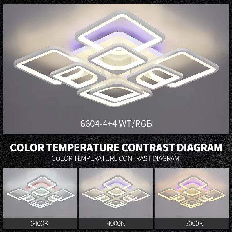 Comparatie temperaturi de culoare lustra LED patrata: 6400K, 4000K si 3000K cu efect RGB
