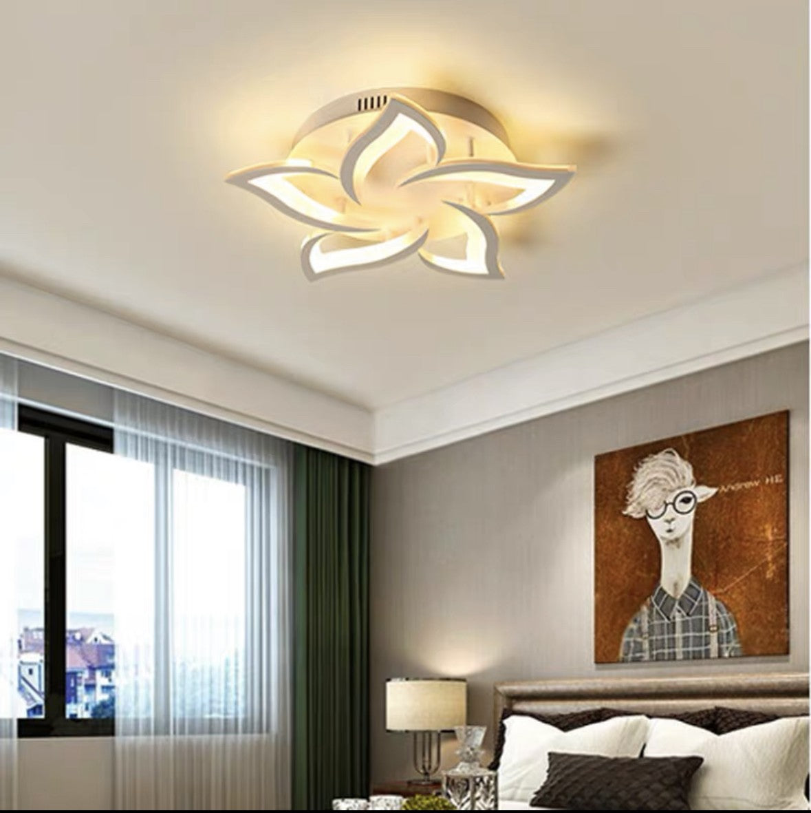 Plafoniera LED florala in forma de floare, iluminare calda uniforma in dormitor modern