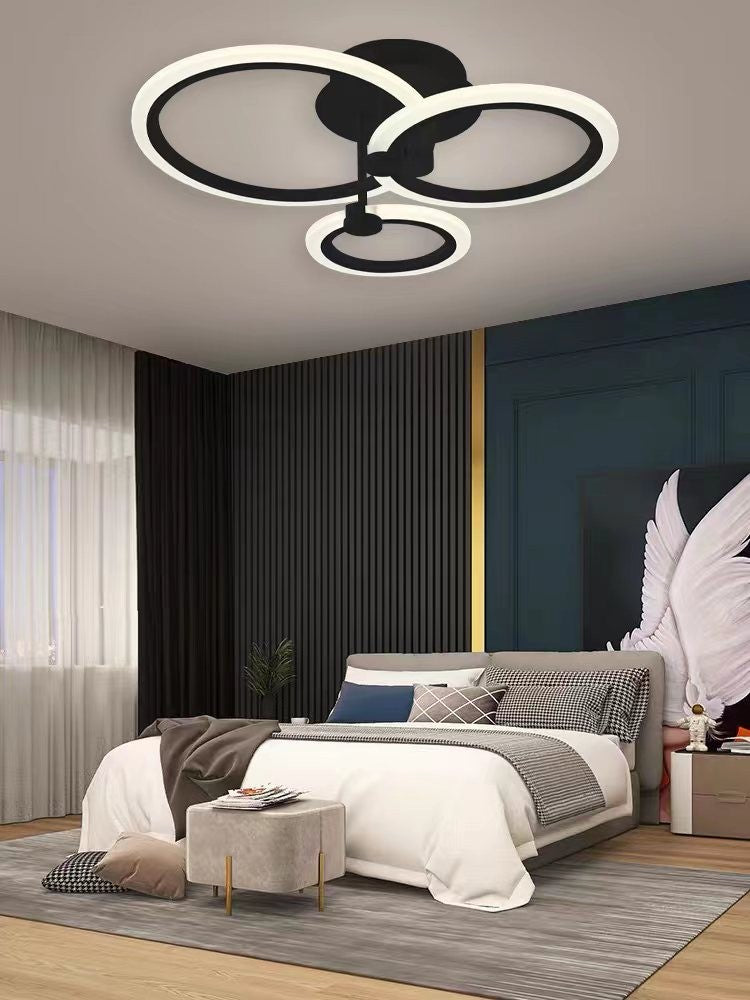 Plafoniera LED 3 cercuri neagra 74W 3500lm, temperatura reglabila 3000K-6500K, montaj tavan, dormitor modern
