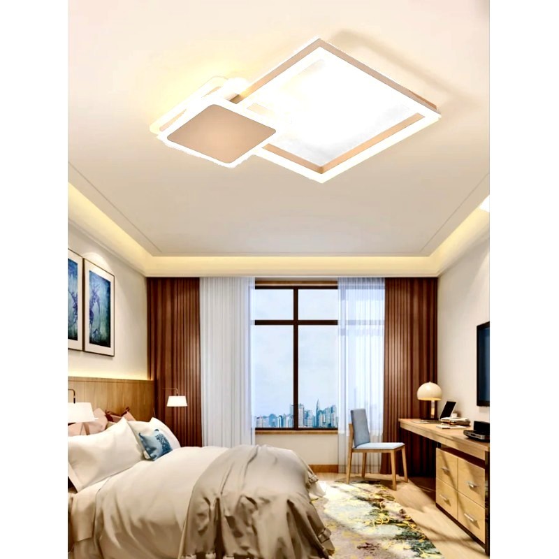 Plafoniera LED 48W montaj tavan, design geometric patrate suprapuse maro-alb, lumina reglabila 3000K-6500K, dormitor modern