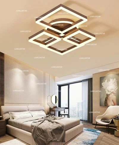 Lustra LED patrate maro montata pe tavan in dormitor modern, iluminat cald ambiental