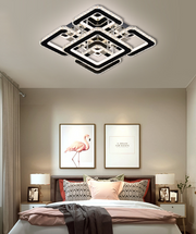 Plafoniera LED cristal 118W, rama geometrica neagra-crom, lumina reglabila 3000K-6500K, montaj tavan dormitor