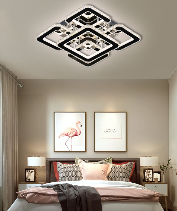 Plafoniera LED cristal 118W, rama geometrica neagra-crom, lumina reglabila 3000K-6500K, montaj tavan dormitor