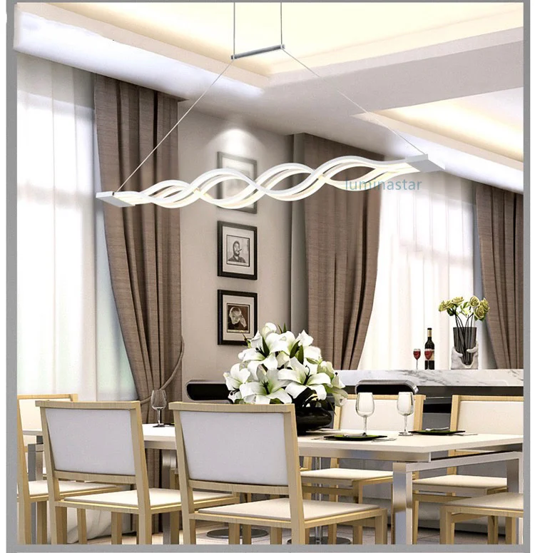 Lustra LED suspendata 100cm forma val, iluminat uniform deasupra mesei de dining spatios
