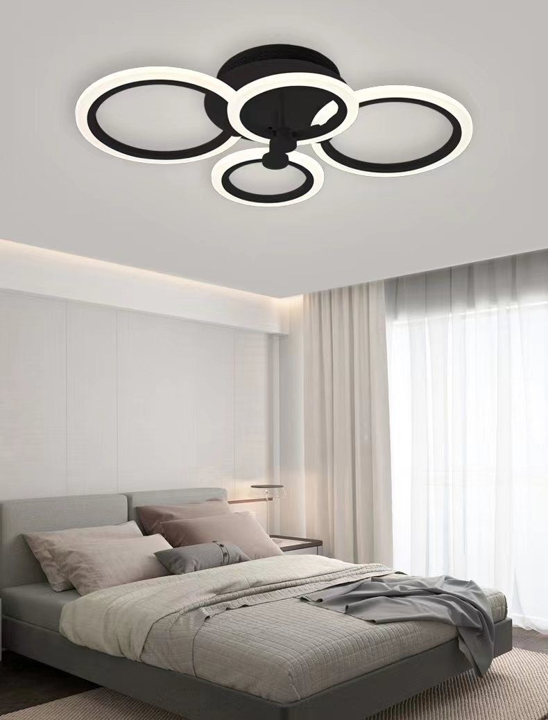 Plafoniera LED 72W cu 4 inele negre mat, lumina calda/neutra/rece reglabila, montaj aplicat tavan, dormitor modern