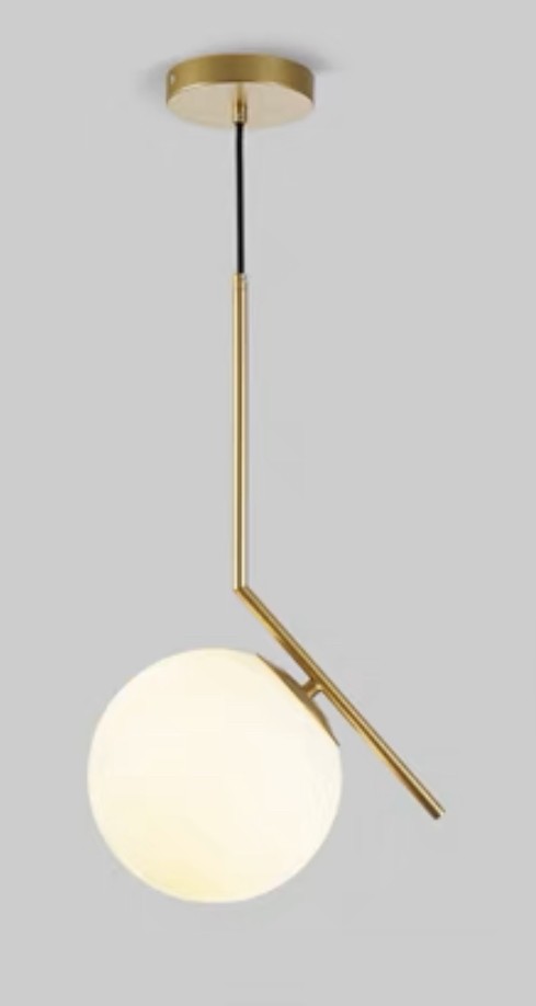 Lustra pendul glob sticla opalina 20cm, soclu E14 max 60W, brat metalic auriu mat, design minimalist