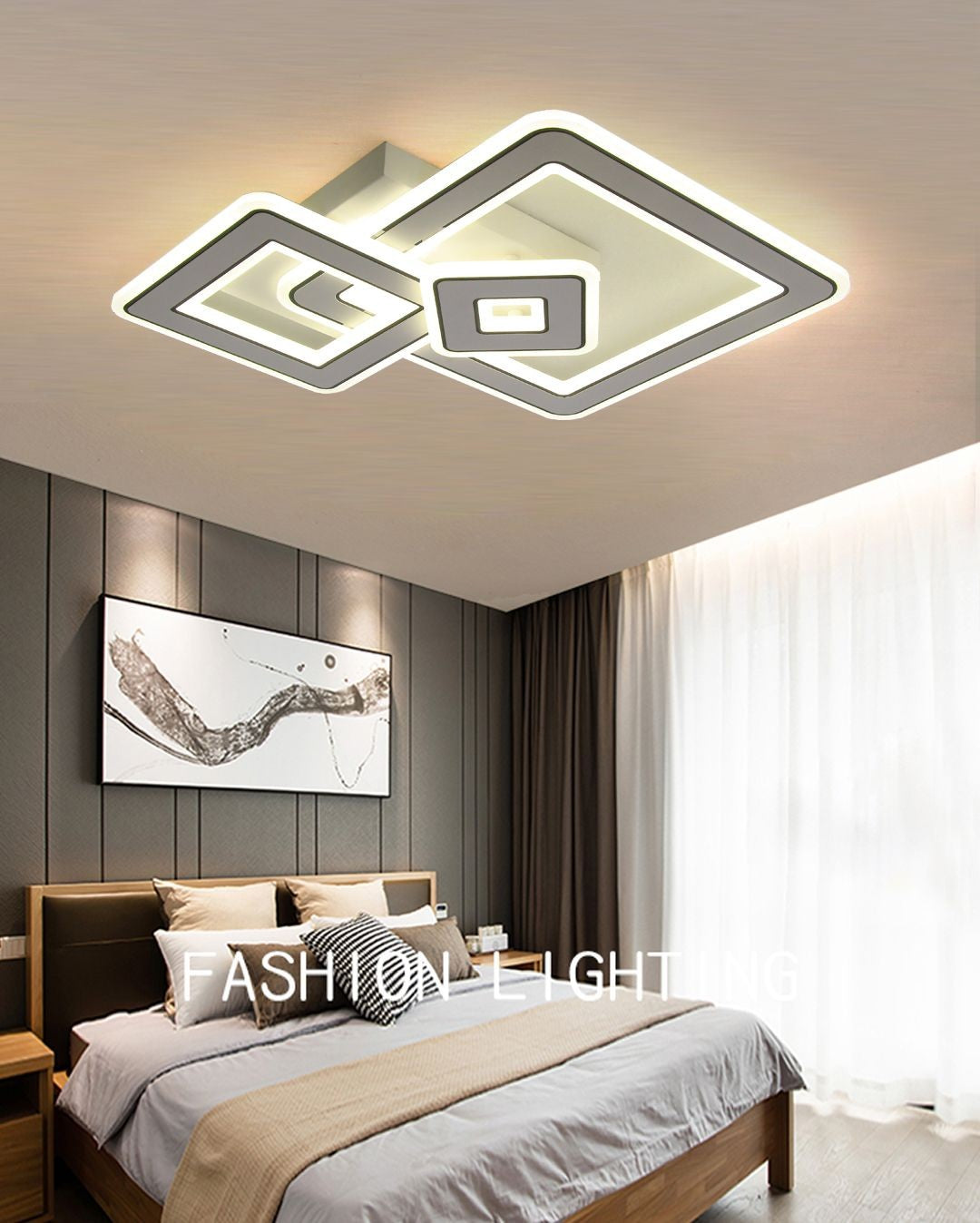 Plafoniera LED 168W cu design geometric patrat, 3 rame suprapuse, montaj tavan, lumina calda reglabila, dormitor modern