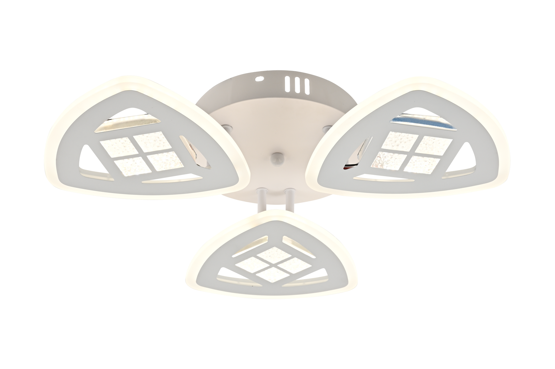 Lustra LED plafon cu 3 brate triunghiulare, finisaj alb mat, design geometric, fond alb