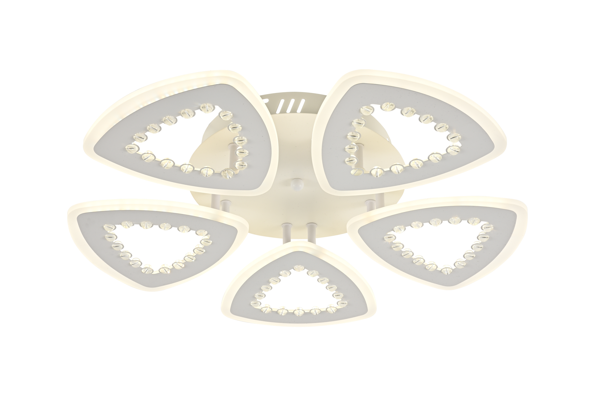 Plafoniera LED cu petale triunghiulare si cristale acrilice, design floral alb, fond alb