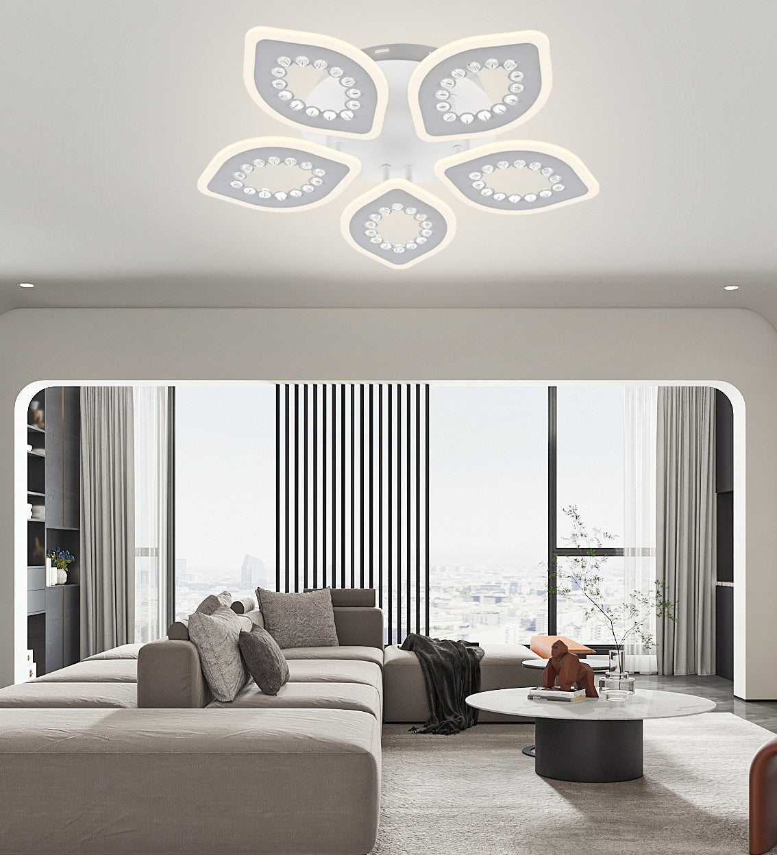 Plafoniera LED 120W 7000lm design floral 5 petale acrilice cu cristale, montaj tavan, lumina reglabila, in living modern