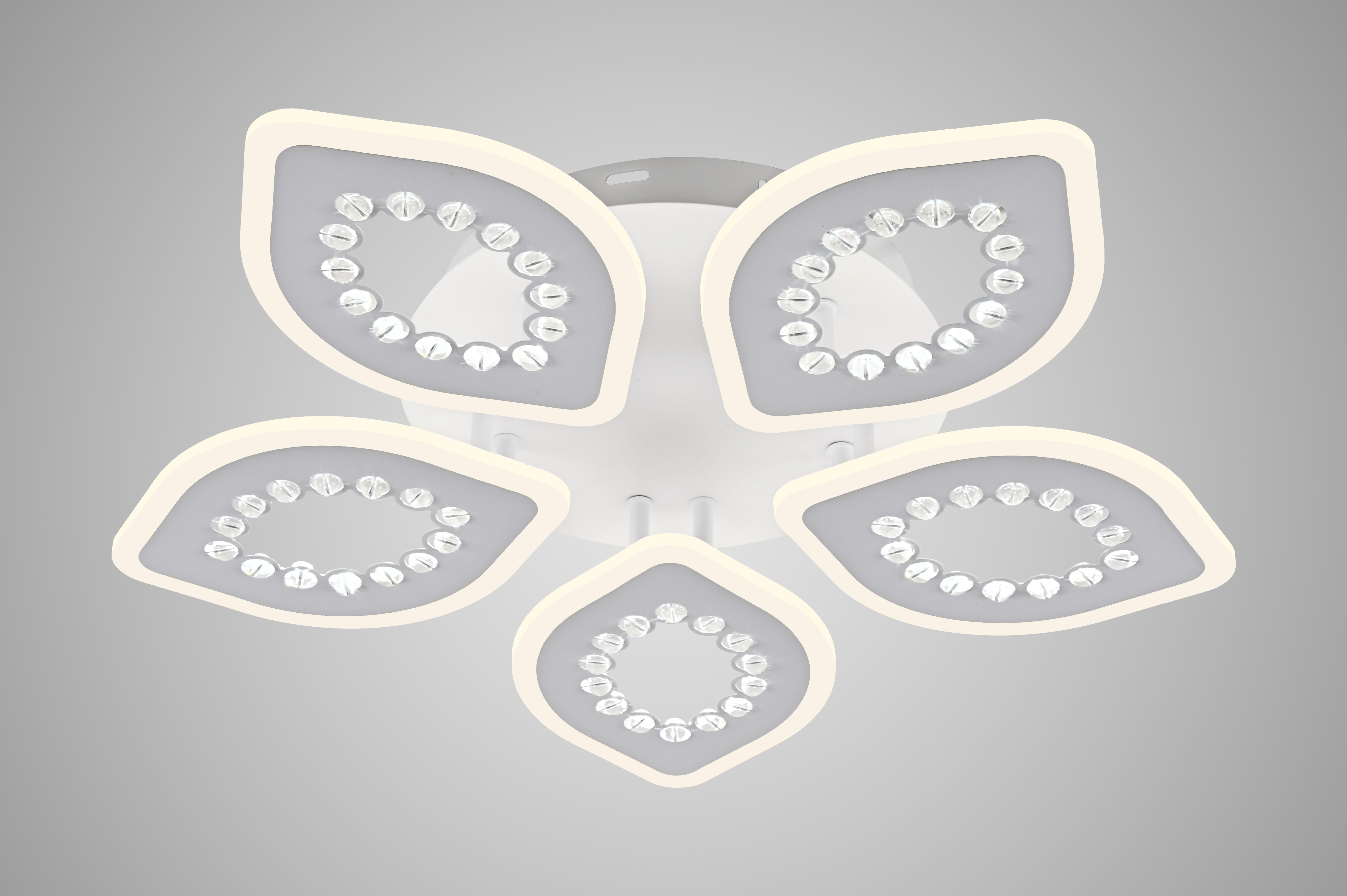 Plafoniera LED tip floare cu 5 petale acrilice si elemente decorative cristal, vedere de jos, design alb elegant