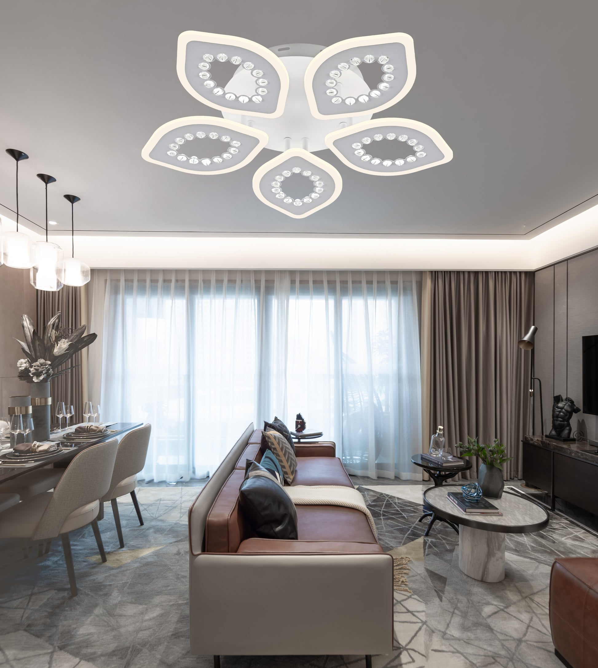 Plafoniera LED 120W cu telecomanda WiFi, montata pe tavan in living spatios cu zona de dining