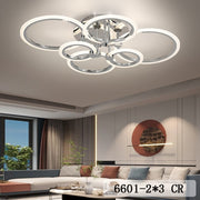 Lustra LED 6 inele crom montata pe tavan in living modern, iluminare uniforma 160W