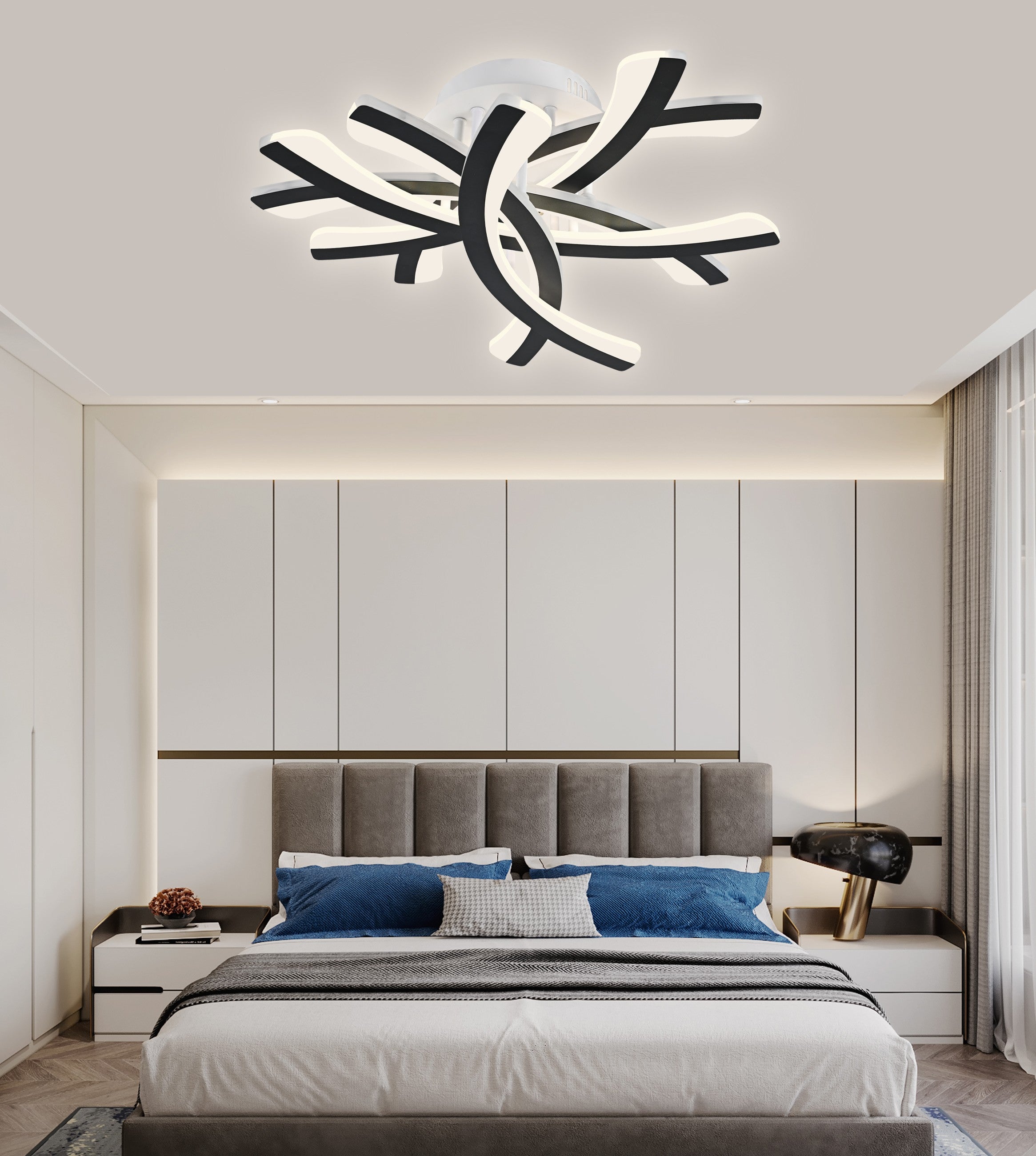 Plafoniera LED 120W design ramificat negru-alb, montaj aplicat tavan, lumina reglabila, dormitor modern