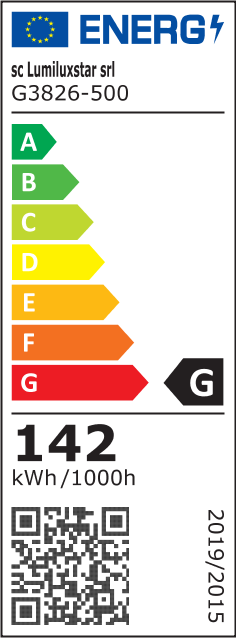 Eticheta energetica clasa G, consum 142 kWh/1000h, plafoniera LED 500mm