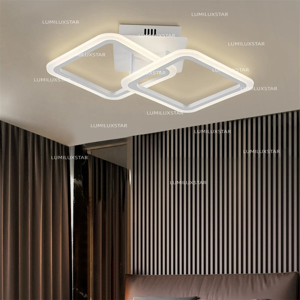Lustra LED tavan 60W, doua cadre patrate rotunjite, lumina calda reglabila, design modern alb, montaj living