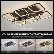 Lustra LED tavan 260W, 8 module patrate negru mat, 3000K-6000K reglabil, diagrama temperatura culoare