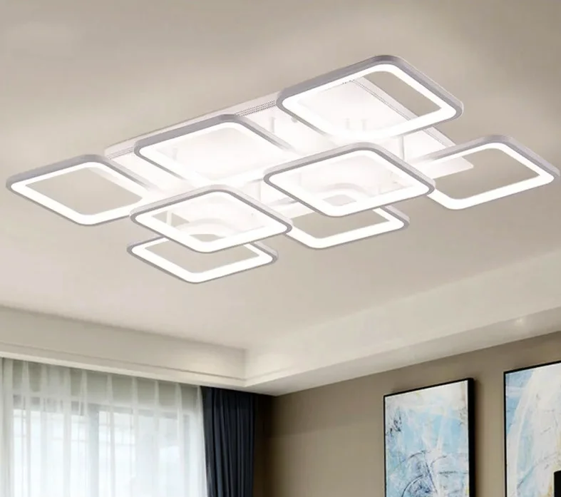 Plafoniera LED 260W cu 8 module patrate acril, montata pe tavan in sufragerie moderna, lumina alba rece