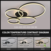 Lustra LED 360W cu 4 inele negre, temperaturi de culoare 3000K-4000K-6000K, montaj aplicat tavan