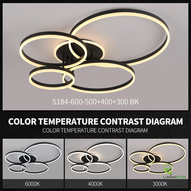 Lustra LED 360W cu 4 inele negre, temperaturi de culoare 3000K-4000K-6000K, montaj aplicat tavan