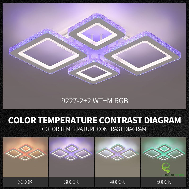 Plafoniera LED RGB 154W cu 4 module patrate si margini cristal acrilic, temperaturi 3000K-6000K reglabile