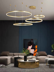 Lustra LED inel auriu 4 cercuri 204W, lumina calda/neutra/rece reglabila, suspendata in living modern
