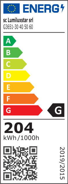 Eticheta energetica clasa G, 204 kWh/1000h, lustra LED inel 4 cercuri