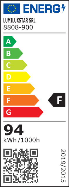 Eticheta energetica clasa F, consum 94 kWh/1000h, lustra LED suspendata pentru interior