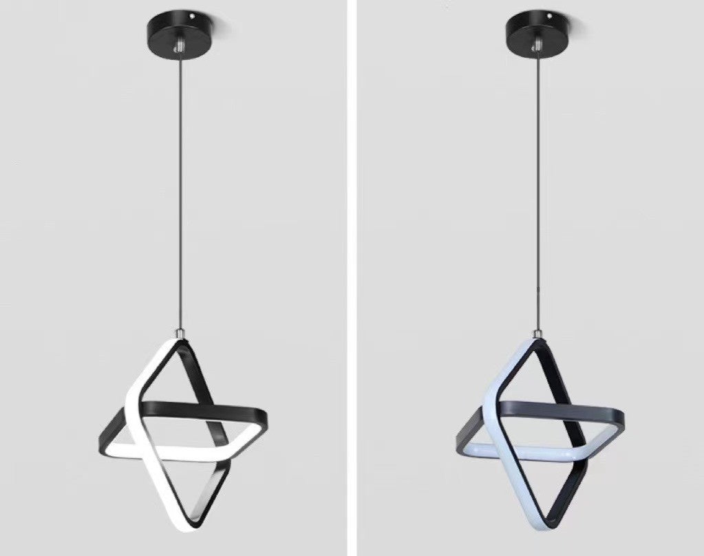 Lustra LED suspendata dublu-triunghiulara negru mat, comparatie lumina calda si rece 6500K