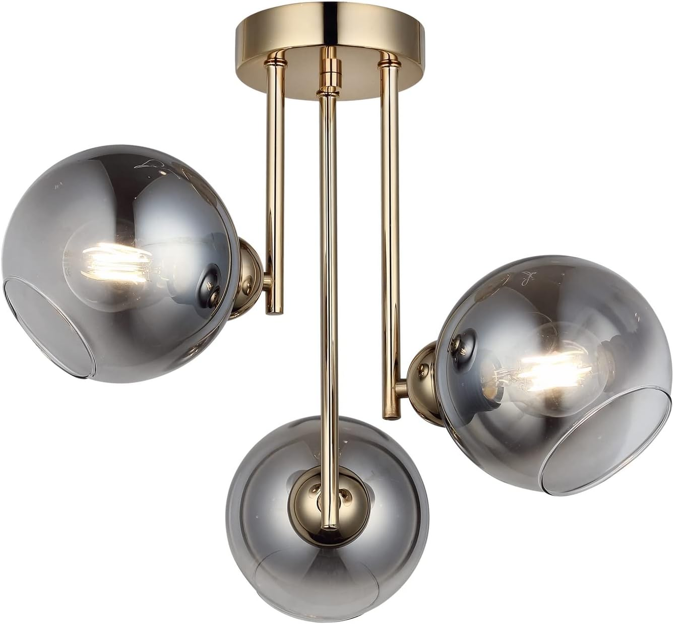 Lustra tavan 3 globuri fumurii semisferice, structura aurie lucioasa, soclu E27, max 3x40W, diametru 46 cm