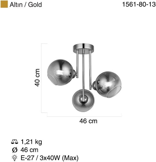 Dimensiuni lustra tavan cu 3 globuri: inaltime 40 cm, diametru 46 cm, soclu E27 max 3x40W