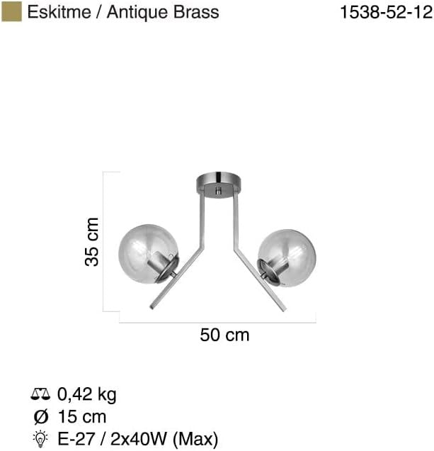 Plafoniera semiplafon 2xE27 max 40W, structura metalica, globuri sticla fumurie 15cm, dimensiuni 50x35cm