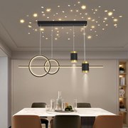 Lustra LED suspendata 108W cu proiector stele si inele decorative, lumina calda/neutra/rece reglabila, finisaj negru-auriu