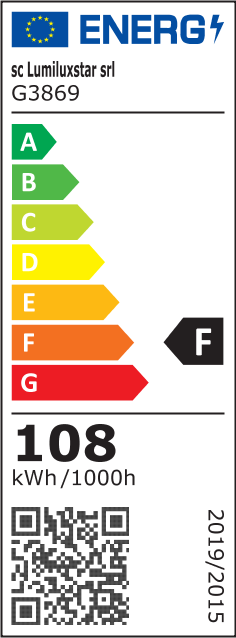 Eticheta energetica clasa F, consum 108 kWh/1000h, lustra LED suspendata