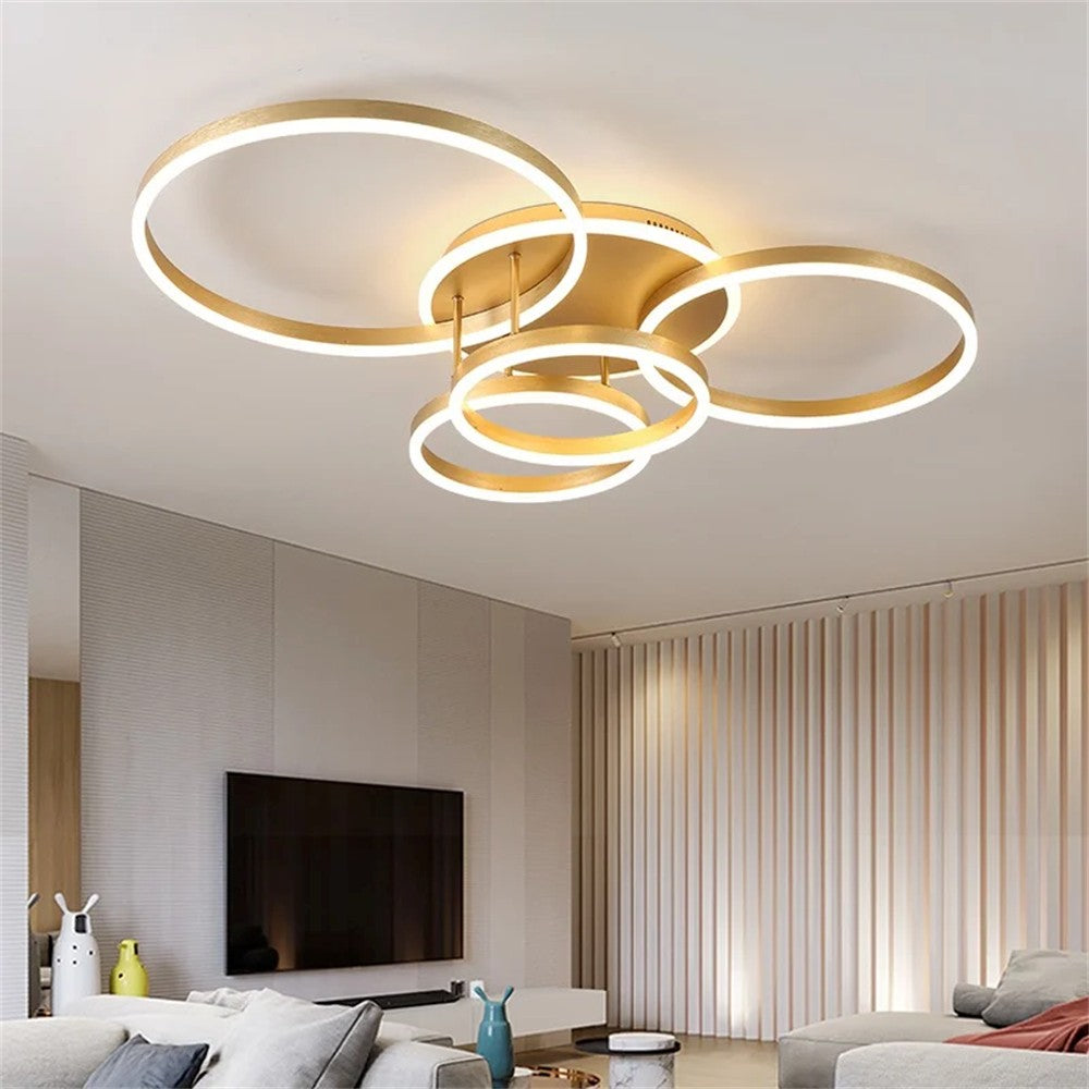 Lustra LED inele aurii 360W, 4 cercuri 60-30cm, temperatura reglabila 3000K-6500K, montaj tavan living