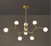 Lustra LED suspendata 9 globuri mate G9 5W, finisaj auriu mat, lumina neutra, diametru 600mm, design mid-century
