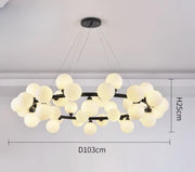 Lustra LED suspendata cu 45 globuri opalescente pe structura circulara neagra, diametru 103cm, design nordic modern