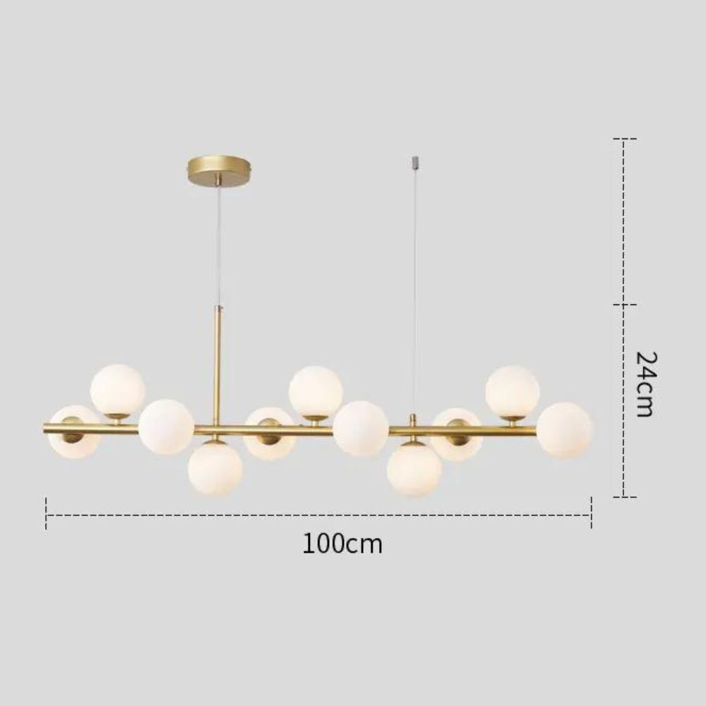 Dimensiuni lustra liniara aurie cu 11 globuri G9 — lungime 100 cm, inaltime 24 cm, bara metalica aurie