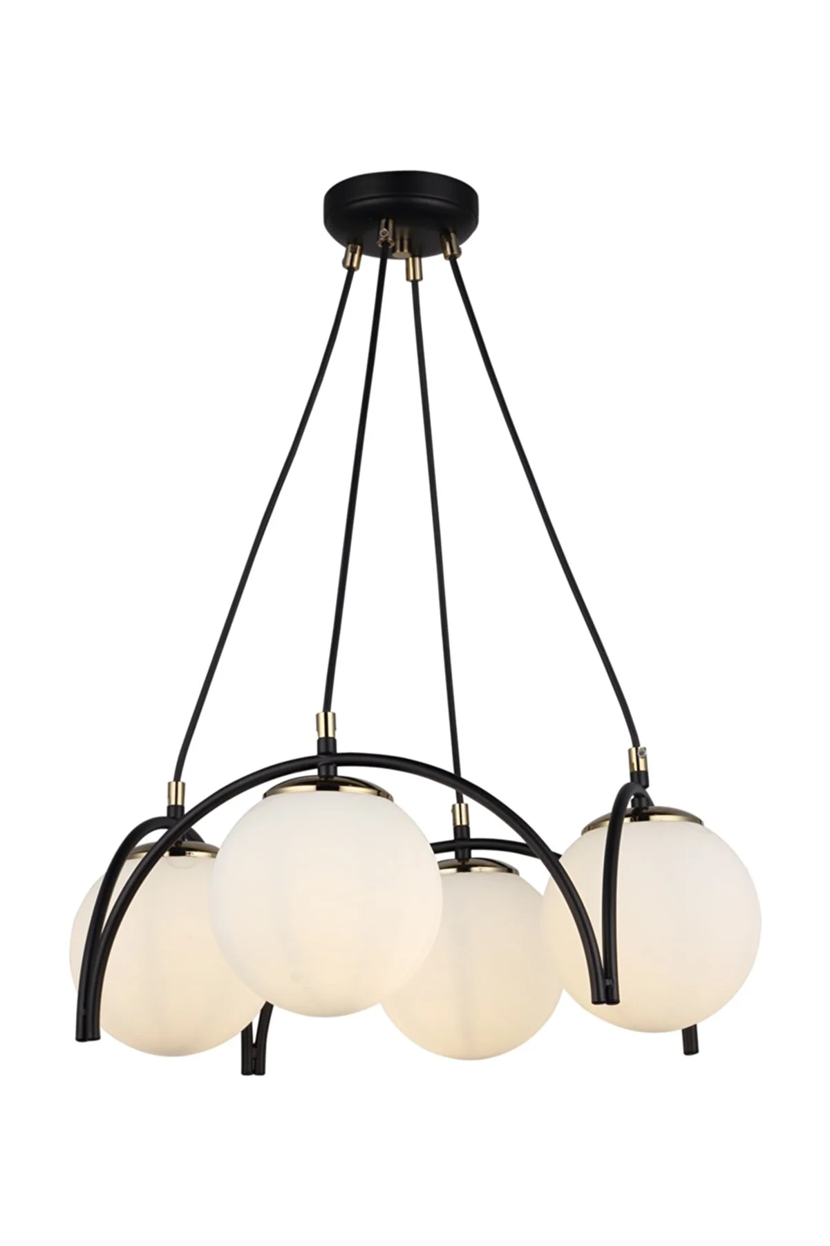 Lustra suspendata cu 4 globuri sticla mata alba, structura metalica neagra cu accente aurii, 4xE27 max 60W, design mid-century